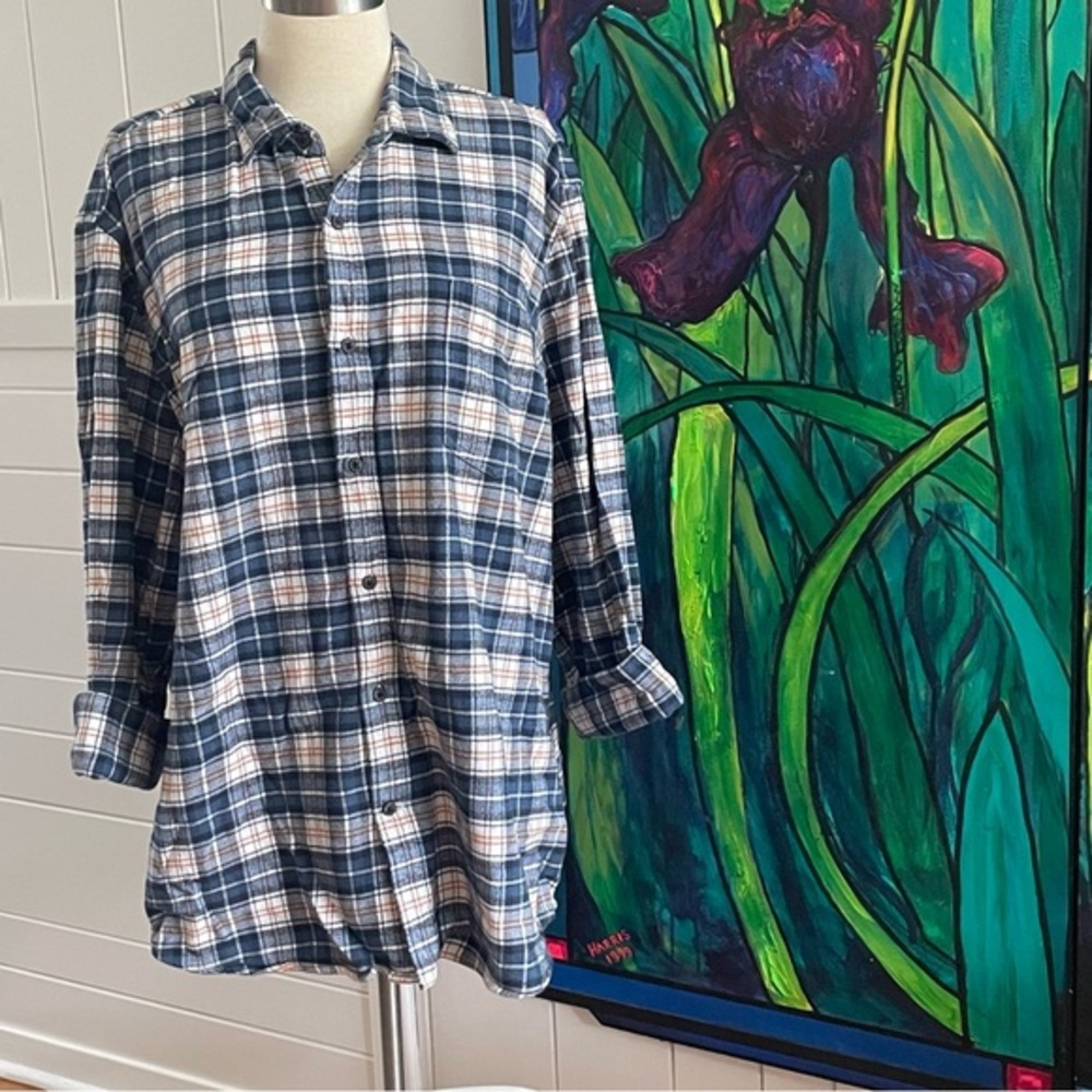 $5 SALE Classic Plaid Men's Shirt Blue White Orange Fall Winter Layer Mid/Heavy
